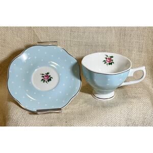 BTaT Brew to a Tea light blue polka dot rose pedestal tea coffee cup and saucer